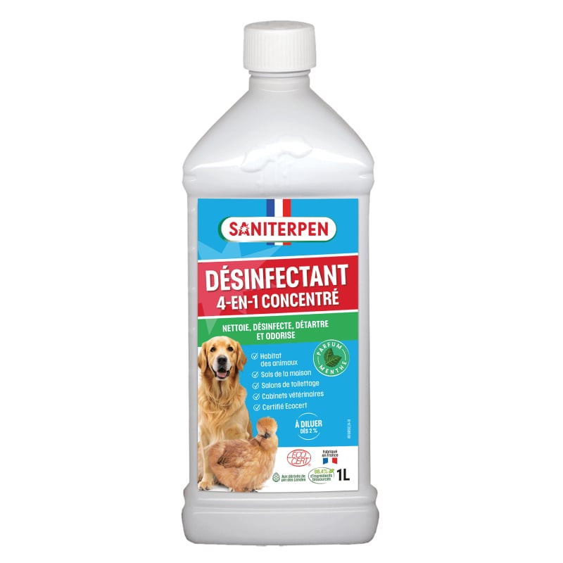 Flacon de désinfectant concentré Saniterpen Viractif de côté avec bouchon, pour zones animales.