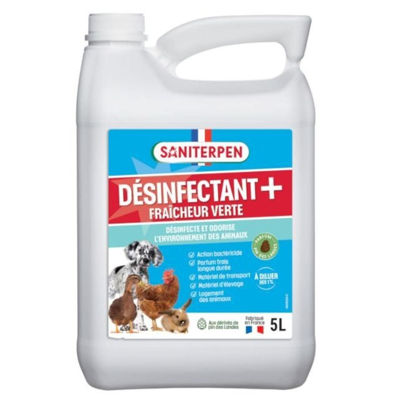 Saniterpen Désinfectant Plus Fraîcheur Verte 5L en flacon professionnel, vue de face