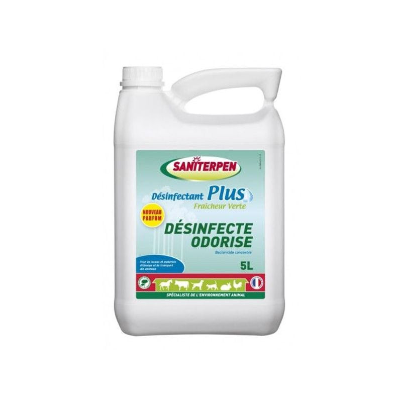 Flacon de désinfectant Saniterpen Plus Fraîcheur Verte 5L, vue inclinée avec étiquette