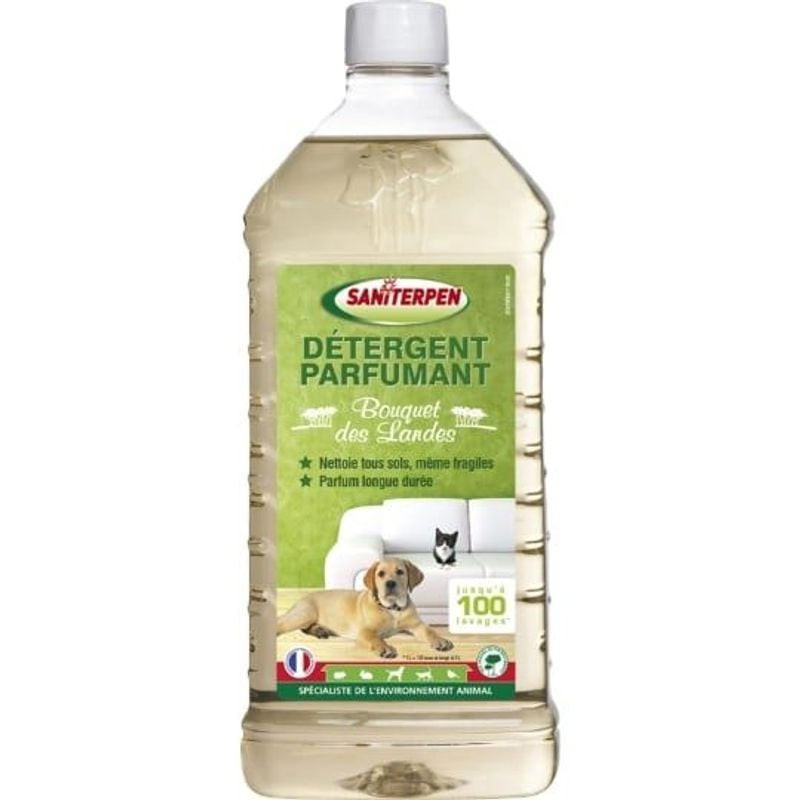 Vue arrière du flacon Saniterpen Bouquet des Landes avec instructions, dilution et sécurité.