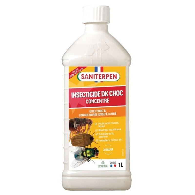 Packshot du flacon d'insecticide concentré effet choc Saniterpen DK choc 1L pour chien, sur fond bla