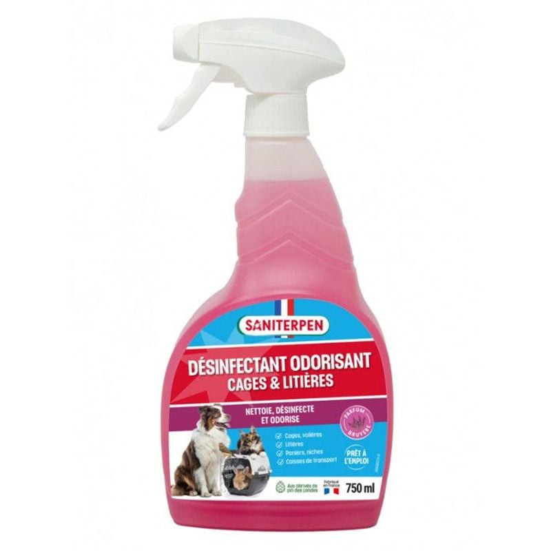 Flacon de spray désinfectant Saniterpen 750 ml avec buse, sur fond blanc, packshot