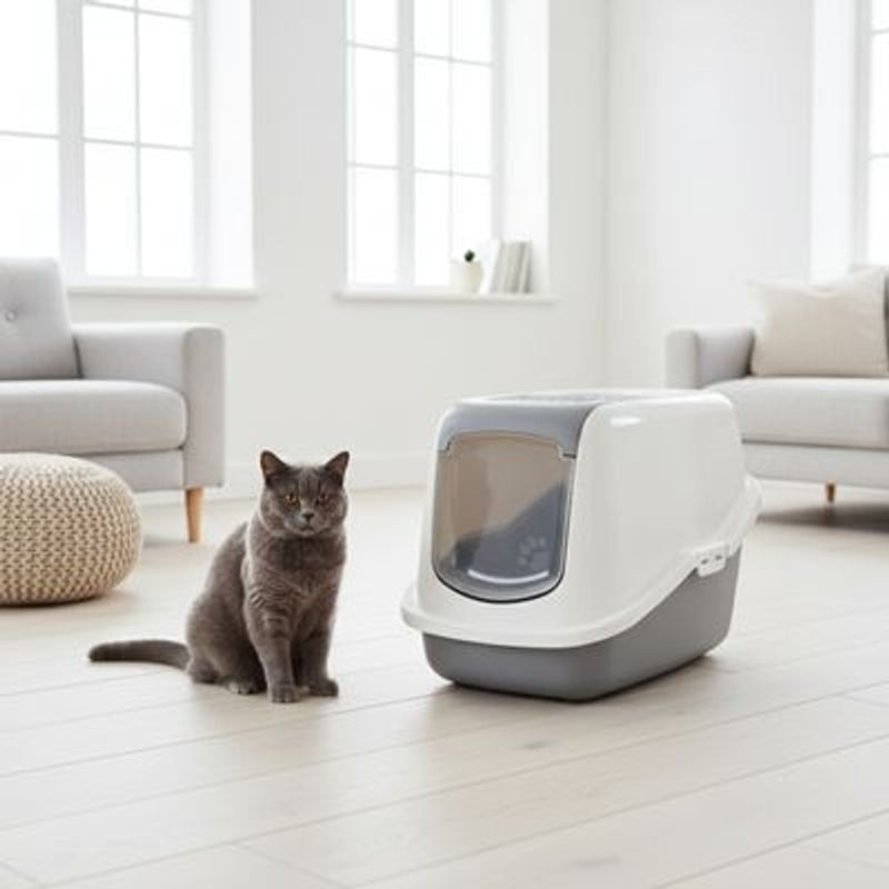 Bac à litière couvert SAVIC Nestor placé dans un intérieur avec un chat à proximité, vue d'ambiance.