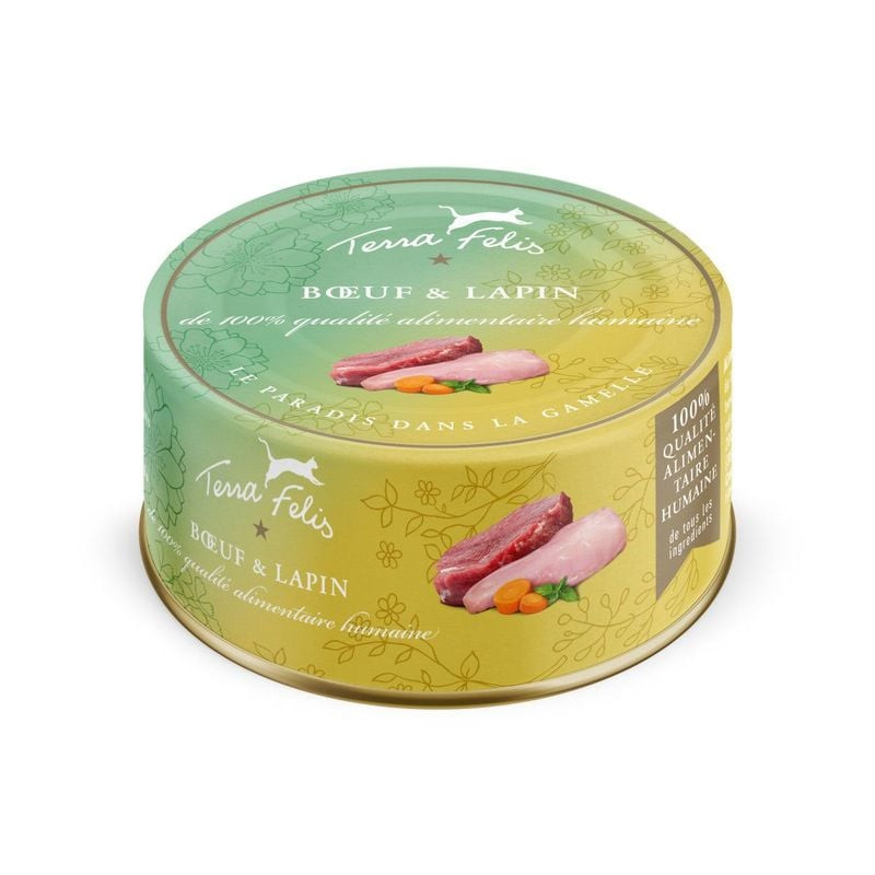 Packshot de la pâtée Terra Felis pour chat adulte bœuf et lapin en boîte de 80g, marque TERRACANIS.