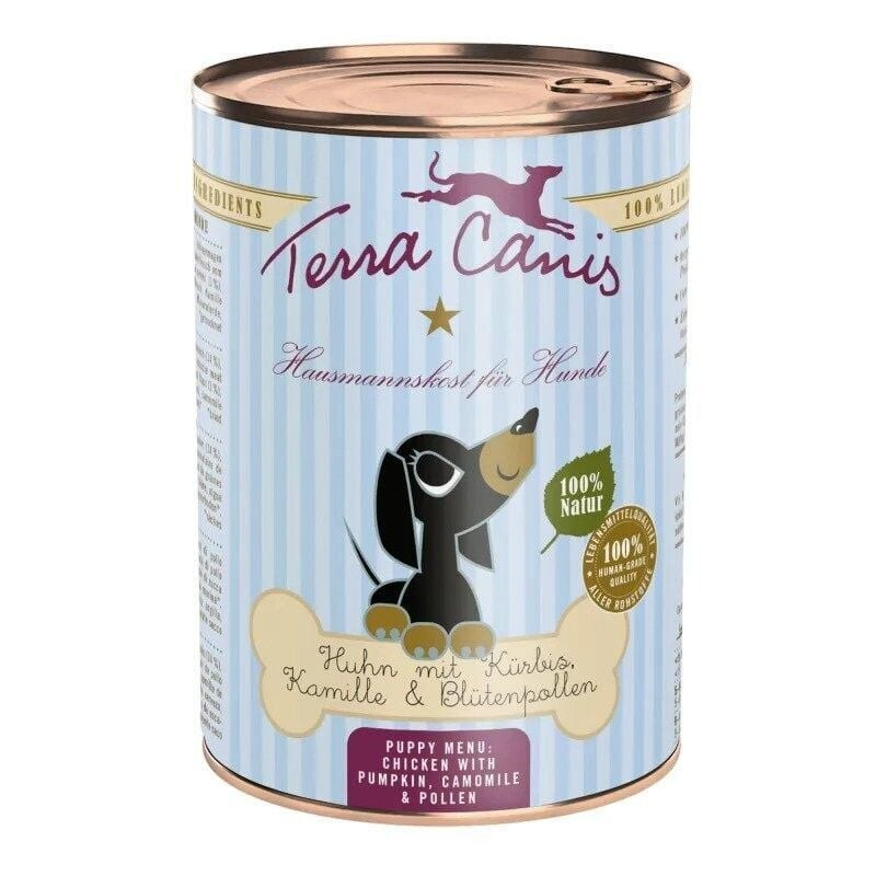 Terra Canis 1968675 pâtée pour chiot sans céréales au poulet, vue de la boîte avec informations et i