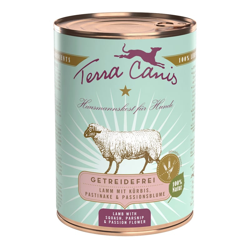 Packshot de la pâtée pour chien Terracanis Grain Free Agneau montrant une boîte avec recette à l'agn