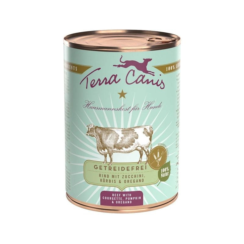 Packshot de la pâtée Terra Canis Grain Free Bœuf, recette bœuf et légumes sur fond blanc.