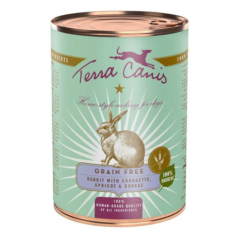 Packshot de la boîte de pâtée sans céréales au lapin TERRACANIS 1968672, montrant l'étiquette avec i