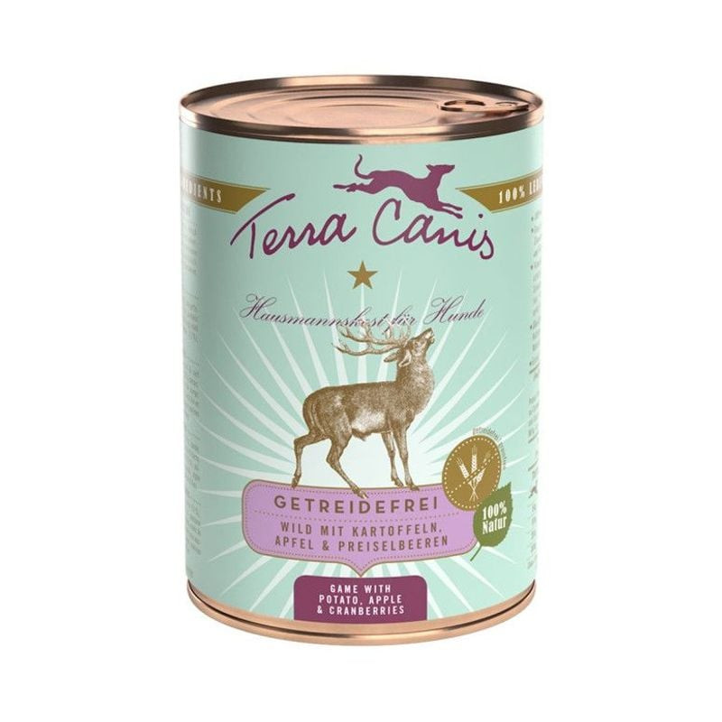 Packshot de la pâtée Terracanis sans céréales au gibier, montrant l'emballage avec le nom de la marq
