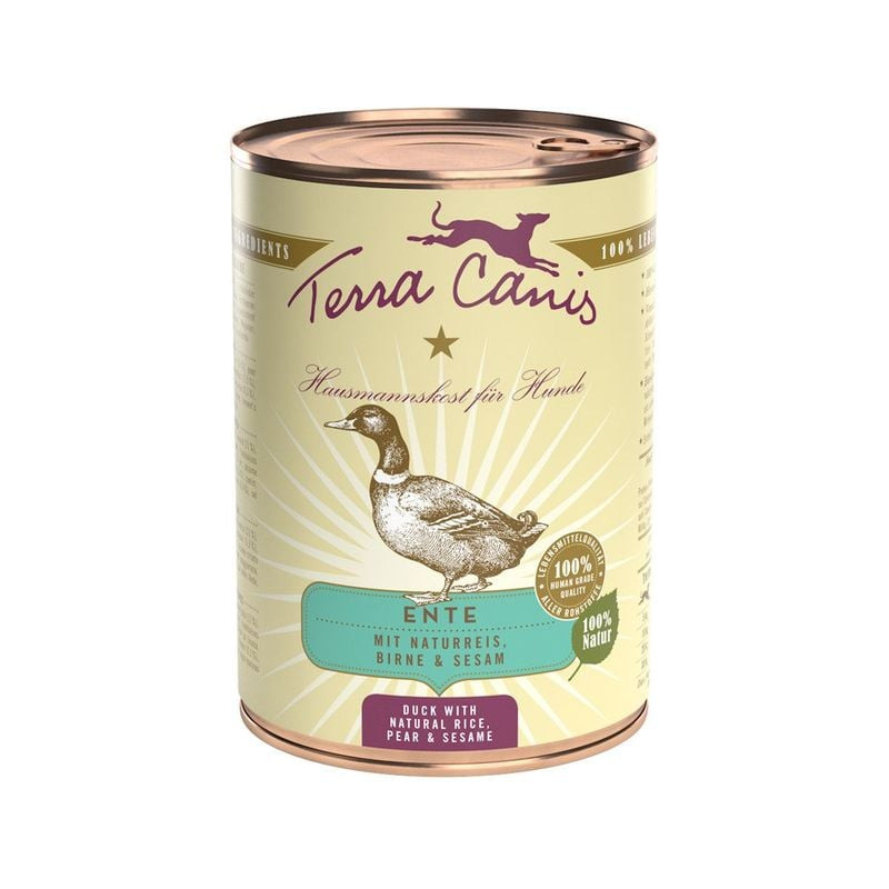 Paquet de pâtée Terra Canis Classic Canard au canard et légumes, étiquette avant avec nom et illustr