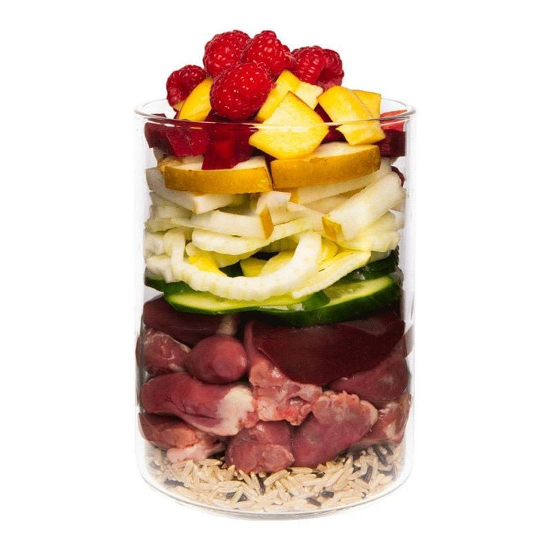 Gros plan de la pâtée Terra Canis Classic Canard dans une gamelle, avec morceaux de viande et légume