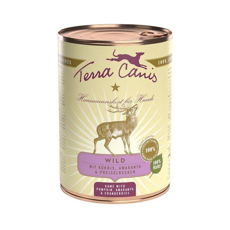 Packshot de la pâtée Terracanis Classic Gibier pour chiens adultes, avec viande de gibier et légumes
