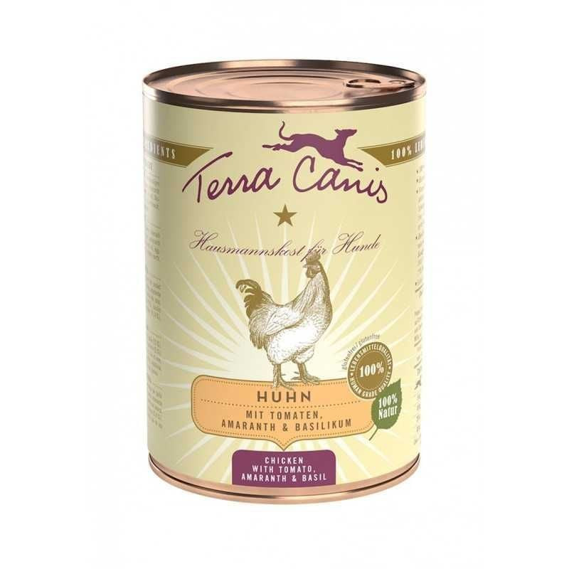 Boîte de pâtée Terra Canis Classic au poulet, amarante, tomates et basilic.