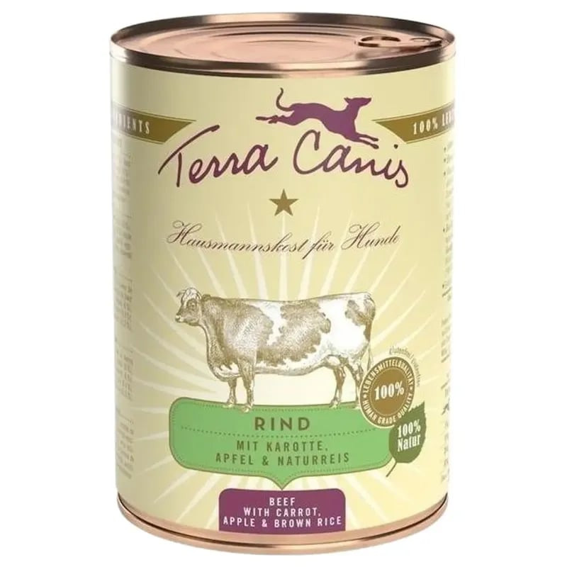 Packshot de la pâtée Terra Canis Classic Bœuf, carotte, pomme et riz brun, montrant l'emballage du p
