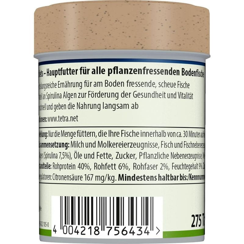 Packshot des comprimés Tetra pour plécos mettant en avant la teneur en algues spiruline et le design