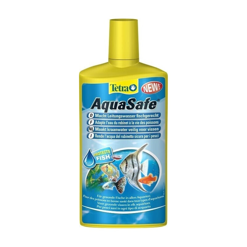 Vue de face de la bouteille de conditionneur d'eau Tetra AquaSafe, montrant l'étiquette du produit e