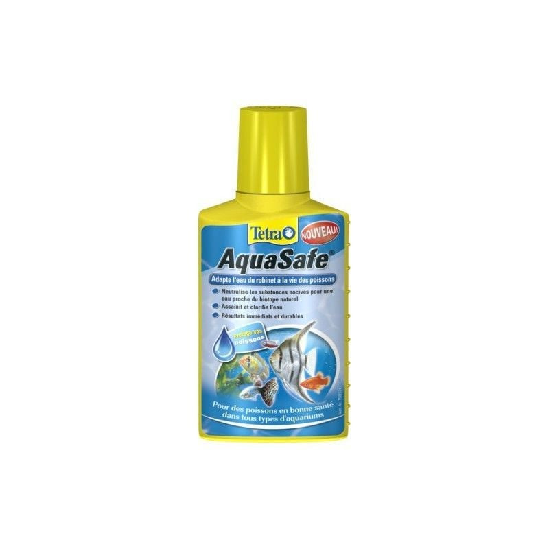 Vue arrière du flacon Tetra AquaSafe avec instructions d'utilisation et détails des ingrédients.