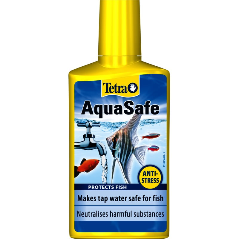 Tetra AquaSafe conditionneur d'eau en flacon, vue de face avec logo et description du produit.