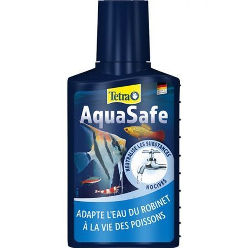 Étiquette arrière du conditionneur d'eau Tetra AquaSafe avec instructions d'utilisation et ingrédien