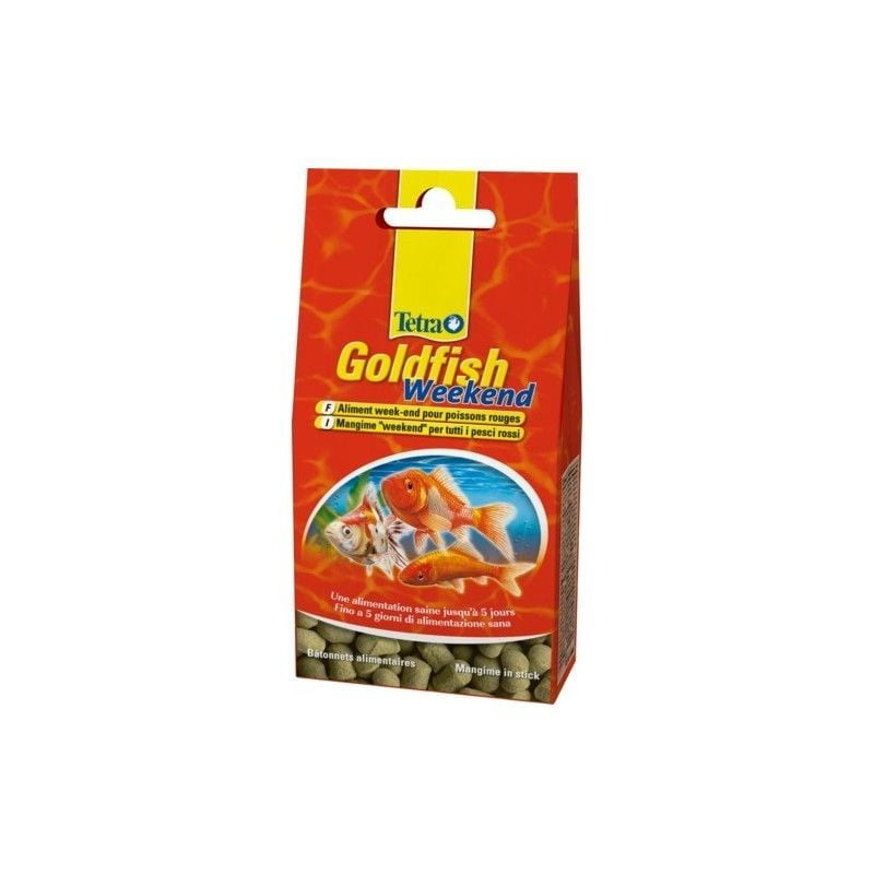 Vue arrière de la boîte de nourriture pour poissons Tetra Goldfish Weekend avec détails du produit e