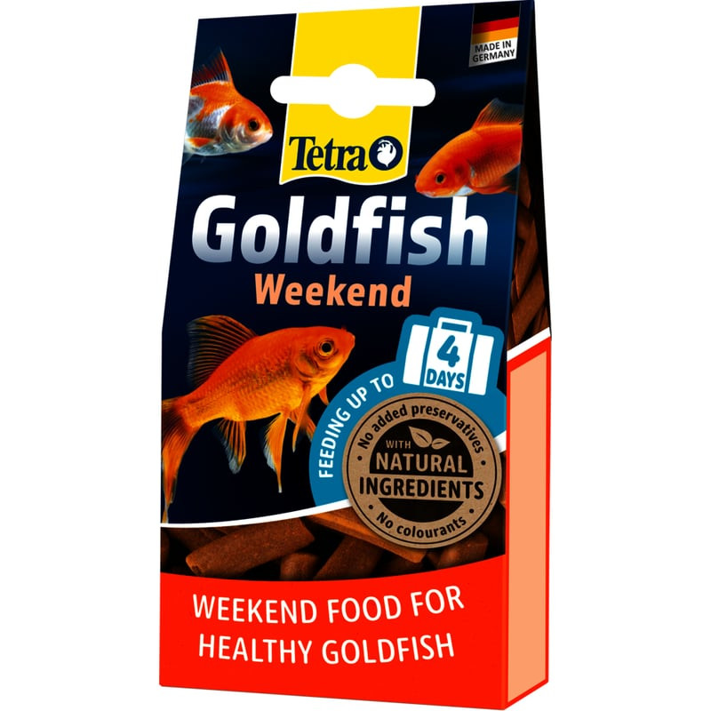 Vue de face de la boîte Tetra Goldfish Weekend avec le nom du produit et un poisson rouge.