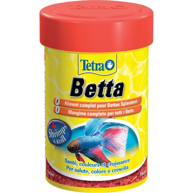 Packshot du contenant de nourriture Tetra Bettamin, avec étiquette montrant un poisson Betta et les 