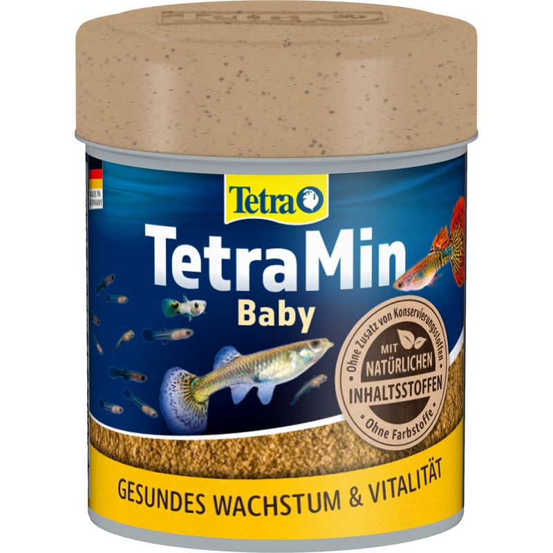 TetraMin Baby micro-flocons aliment pour alevins, vue avant de l'emballage montrant le contenant