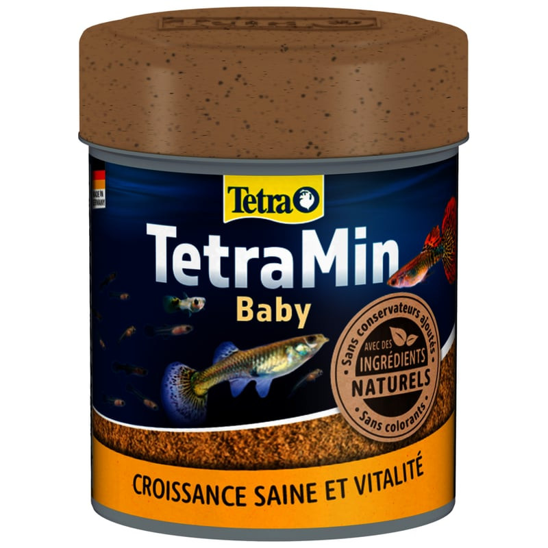 Conteneur de nourriture pour alevins TetraMin Baby, vue latérale mettant en avant les avantages du p