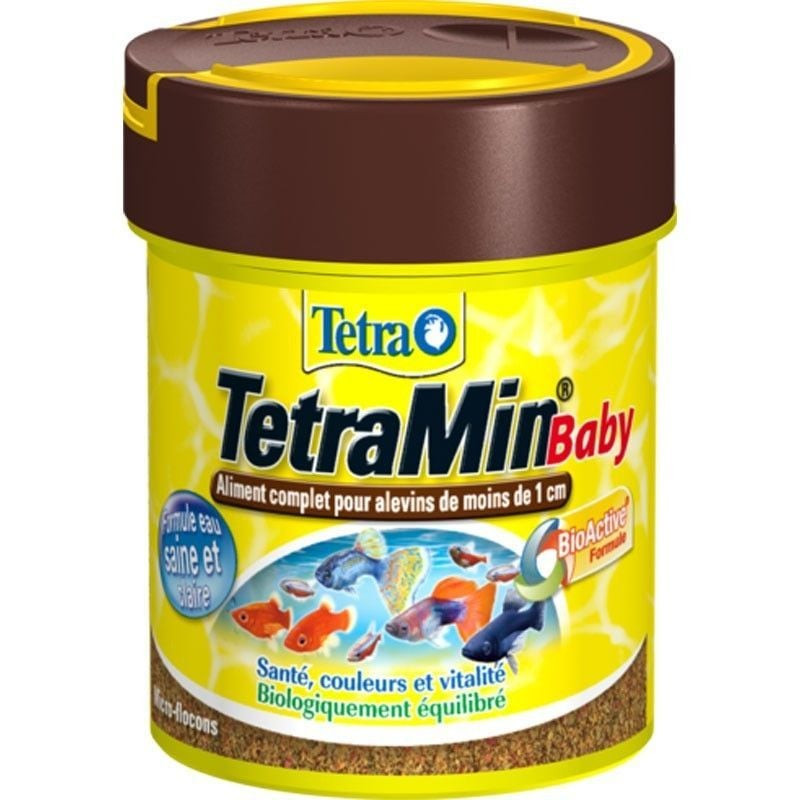 Aliment TetraMin Baby micro-flocons pour alevins - packshot incliné avec détails étiquette