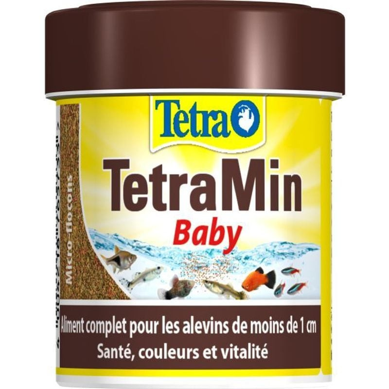 Packshot arrière du conteneur TetraMin Baby avec liste d'ingrédients et instructions d'alimentation