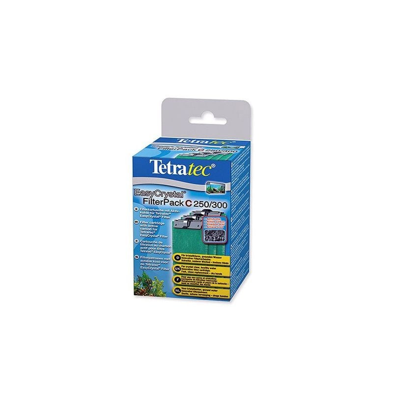 Cartouche Tetra EasyCrystal C250/300 hors emballage, montrant le filtre fin vert et le préfiltre bla