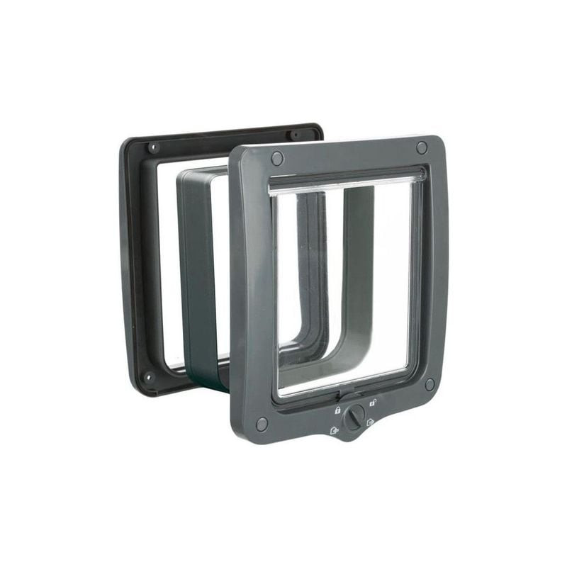 Packshot de la chatière TRIXIE Sureflap grise avec système de verrouillage à 4 positions et tunnel.