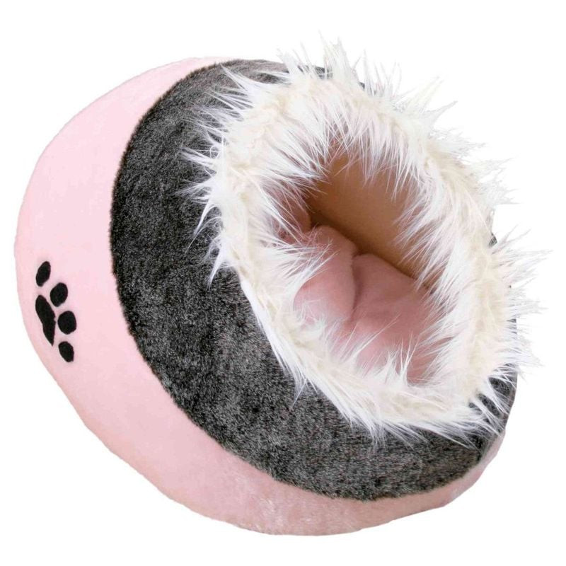 Abri pour chat Trixie Minou rose gris 35x26x41 cm, vu de face, en peluche rose et gris.