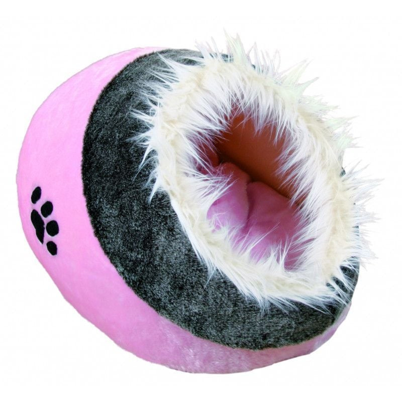 Abri pour chat Trixie Minou en peluche rose et gris avec coussin réversible et base antidérapante.