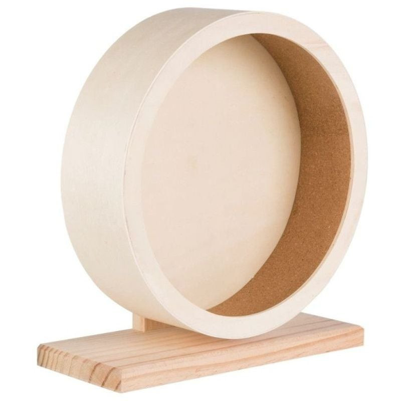 Packshot de la Roue d'exercice Trixie 21 cm en bois et liège pour hamster et souris, posée sur surfa