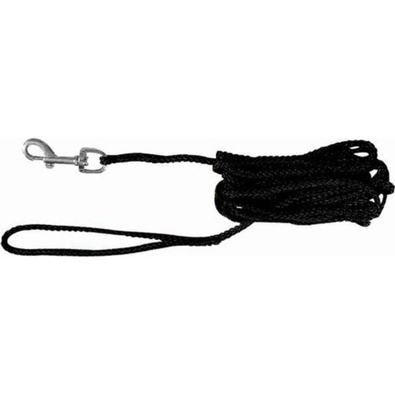 Vue complète de la longe de pistage TRIXIE en nylon noir, 10 mètres de long, posée sur une surface.