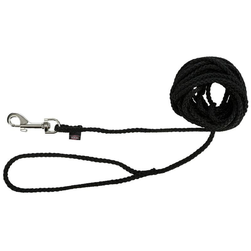 Laisse de pistage ronde Trixie en nylon noir, 5 mètres de long, présentée à plat avec la dragonne vi