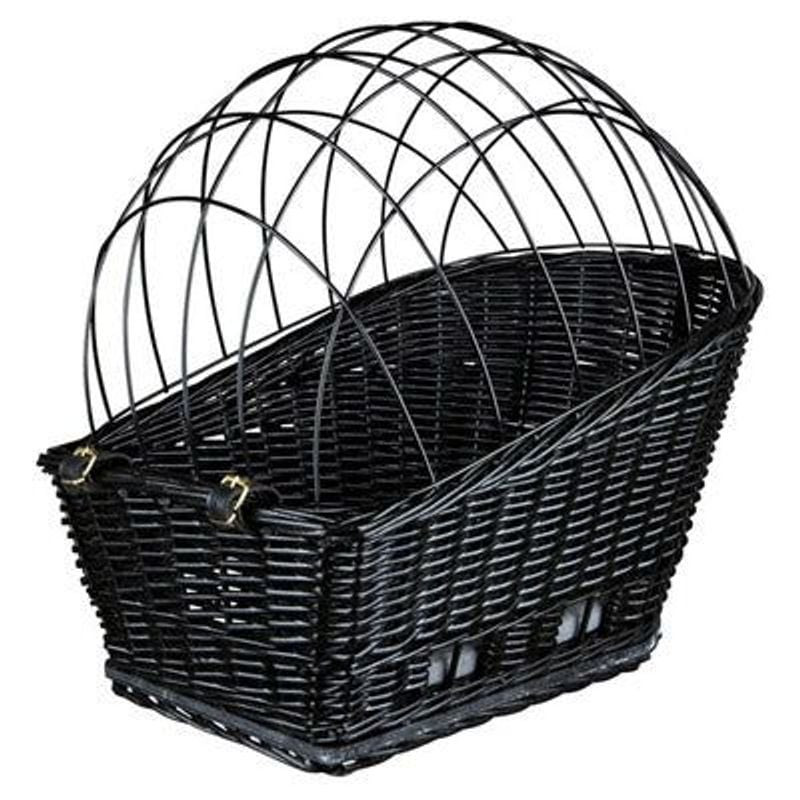 Panier vélo osier naturel TRIXIE pour chien avec cadre métallique noir et coussin gris sur porte-bag