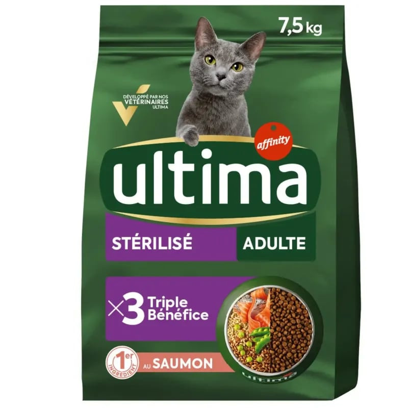 Croquettes Ultima pour chat stérilisé au saumon, vue arrière de l'emballage avec informations nutrit