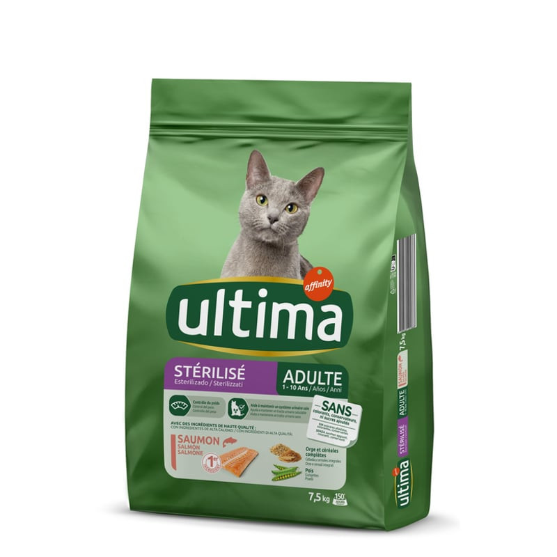 Croquettes Ultima pour chat stérilisé au saumon, vue de l'emballage avant avec chat et avantages.