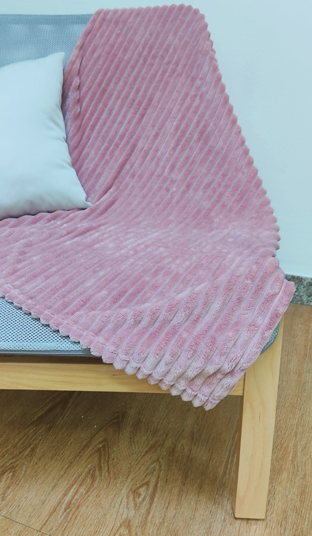 Cozy ambient scene with CROCI dusty rose pet blanket draped over a beige sofa, a small dog resting o