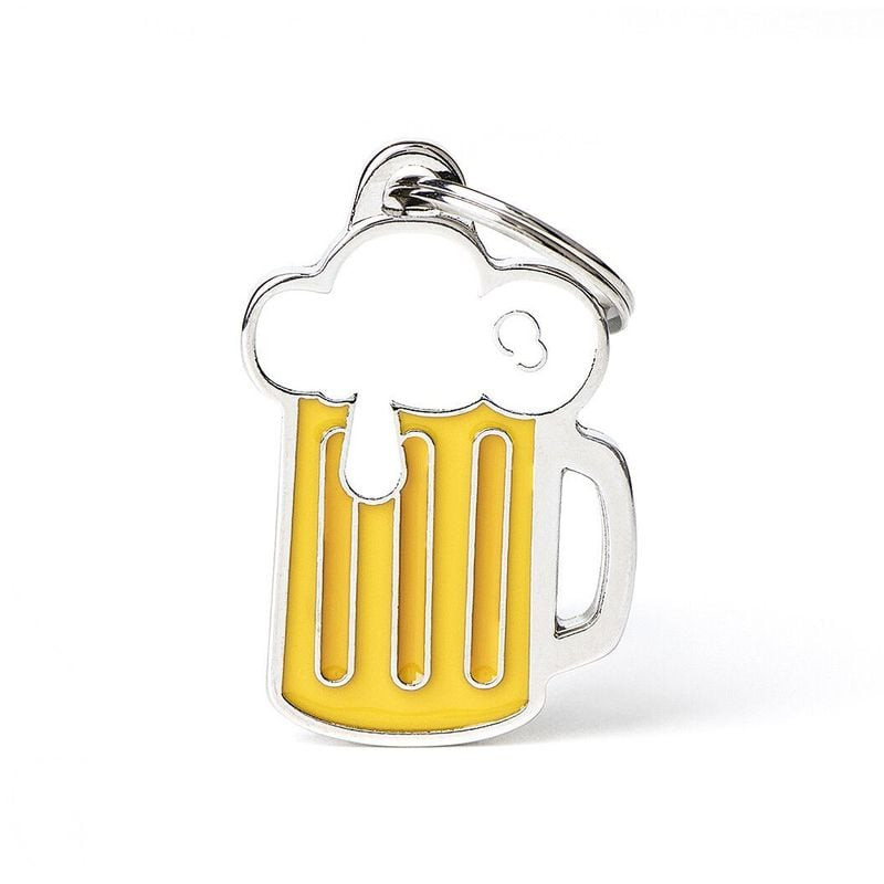 Médaille d'identification pour animal en forme de chope de bière jaune avec anneau de fixation, sur 
