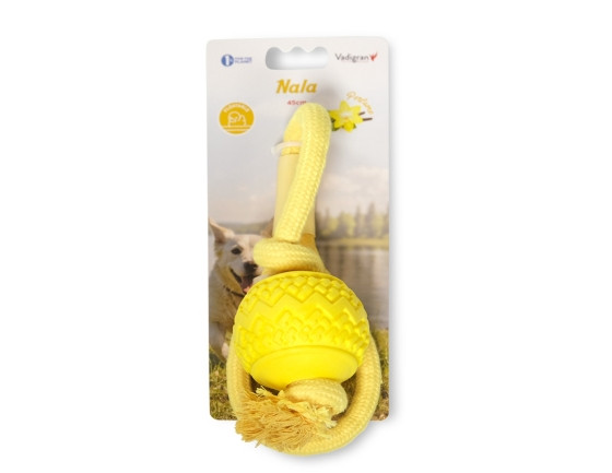 Close-up of Vadigran 1143657 dog toy: a bright yellow textured TPR ball attached to a thick cotton c