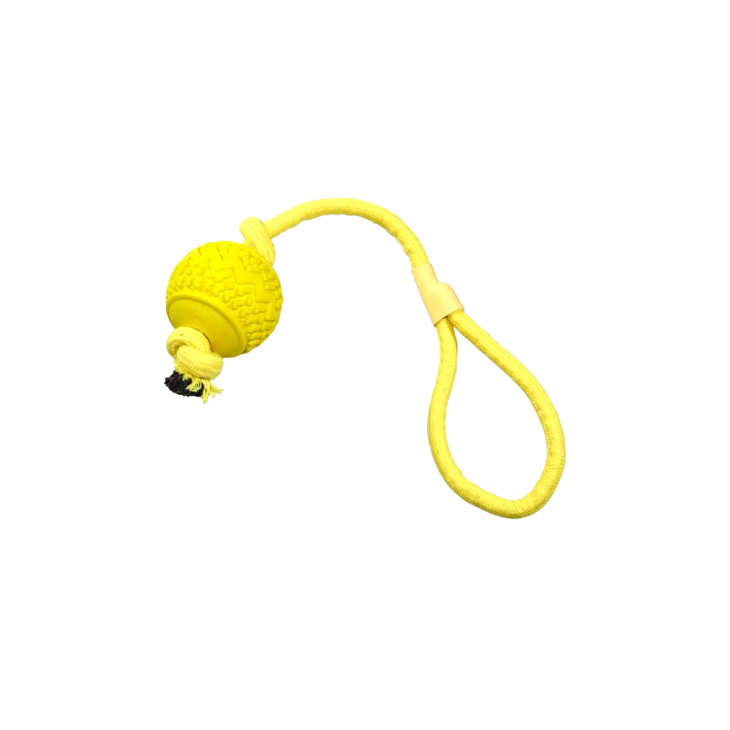 Side view of Vadigran 1143657 dog toy showing the ball's textured surface and the knot attaching the