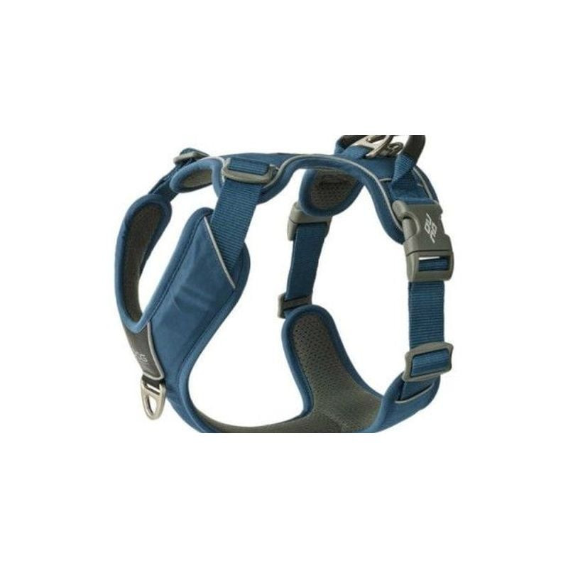 Gros plan des sangles rembourrées, boucles et anneau en D du harnais Comfort Walk Pro XL bleu océan 