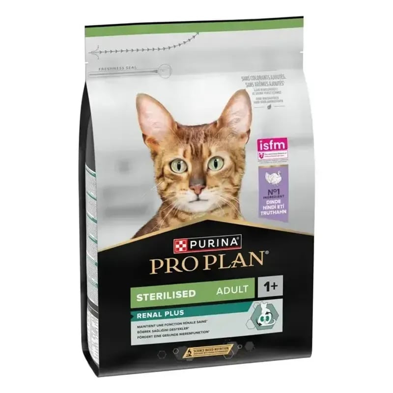 Vue latérale du sac de 10 kg de croquettes pour chat stérilisé à la dinde Purina Pro Plan montrant l