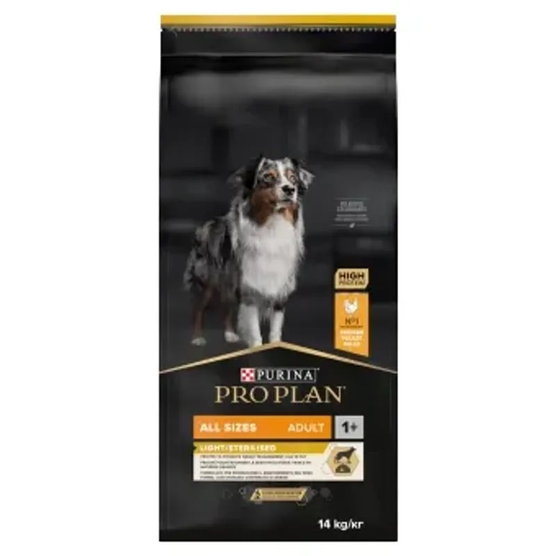 Vue latérale du sac Purina Pro Plan 1143511 avec logo et avantages : gestion du poids, faible en gra