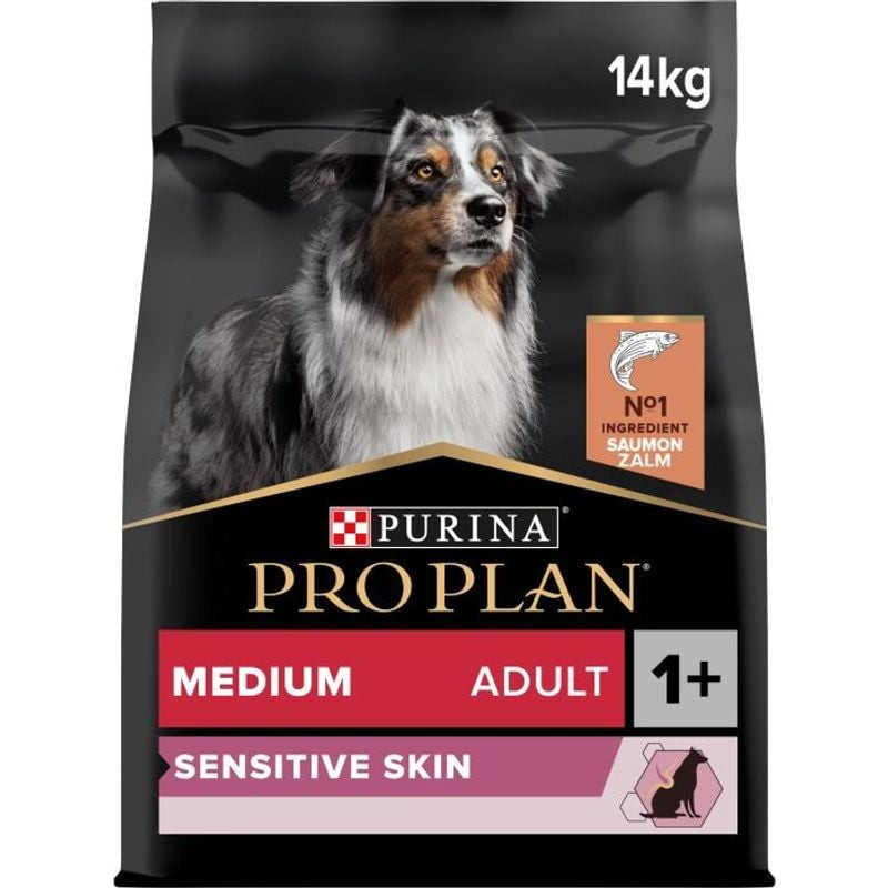 Packshot des croquettes PRO PLAN chien adulte medium saumon peaux sensibles, montrant le sac avec un