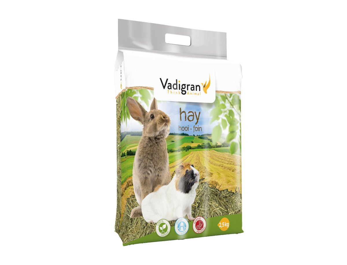 Vadigran Le Foin des Alpes 100% natural sun-dried hay bag, 2.5 kg, showing the product label with al