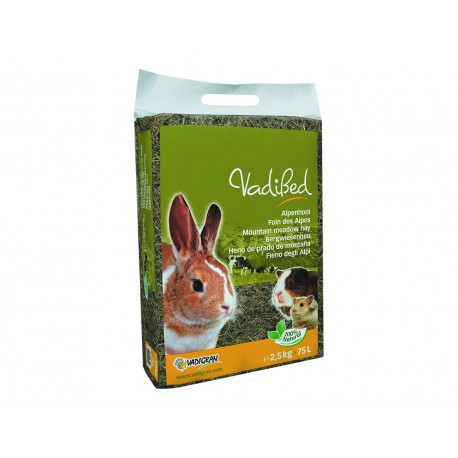Vadigran Le Foin des Alpes hay bag, 2.5 kg, side view showing dimensions and usage instructions for 